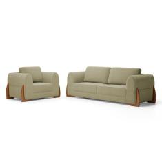 Kit Poltrona E Sofá Bloom 200cm 03 Lugares Com Pés De Madeira Bouclê Bege - Desk Design