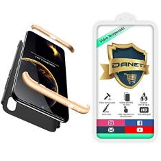 Kit Capa Capinha Anti Impacto 360 Para Xiaomi Redmi 7 Normal Com Tela 6.26" Polegadas - Case Acrílica Fosca E Acabamento Macio Com Película De Vidro Temperado - Danet (Preto com dourado)