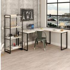 Conjunto Home Office Industrial 1 Escrivaninha em L e 1 Estante 4 Prateleiras Kuadra Compace Snow