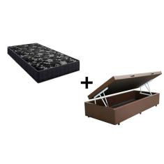 Cama Box Baú Solteiro 88 Tecido Sintético Marrom com Colchão Lisboa Espuma D28 Preto