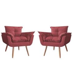 Kit 02 Poltronas Decorativa Opalla Pés Palito Suede Bordô - DS Estofad