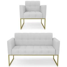 Sofá Namoradeira E 1 Poltrona Base Industrial Dourado Ana Linho Cinza - Ibiza