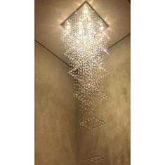 LUSTRE DE CRISTAL COM 3 METROS DE ALTURA,PARA PÉ DIREITO DUPLO BASE DE INOX POLIDO 57X57CM, CRISTAIS LEGÍTIMOS K9