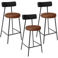 Kit 03 Banquetas Baixa Cozinha Sala Jantar Bancada Milão L02 Couríssimo Preto Marrom - Lyam Decor