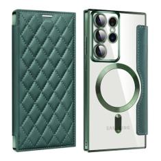 Porta-cartões de couro magnético para Samsung Galaxy S23FE S24 S22 Ultra Plus Porta-cartões de carga sem fio Capa dura à prova de choque, verde, Galaxy S22 Ultra