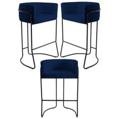 Kit 3 Banquetas Base Aço Preto Betina B-304 Veludo Azul Marinho - Domi