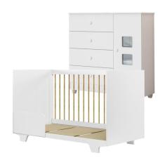 Quarto de Bebê com Berço Mini Cama 100% Mdf Flocos e Cômoda de Bebê 100% Mdf 1 Porta 4 Gavetas Life Branco