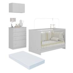 Berço 3 em 1 com Colchão Armário Aéreo e Cômoda Multimóveis Mp4155 Branco