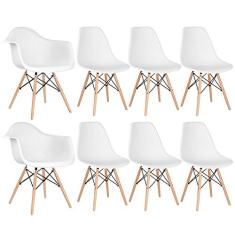 Loft7, Conjunto 2x Cadeiras Eames DAW com Braços + 6x Cadeiras Eiffel DSW, Madeira, Aço e Polipropileno, Sala de Estar, Jantar, Cozinha e Comercial - Branco