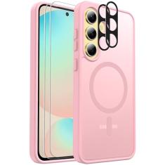 Ezanmull Capa magnética à prova de choque para Samsung Galaxy S24 FE, [adequada para MagSafe] [Protetor de tela de vidro + protetor de lente da câmera] Capa translúcida antiimpressões digitais para