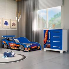 Conjunto Quarto Infantil Carros - Cama Solteiro Proteção Lateral Com Colchão E Comoda Mdf - Azul