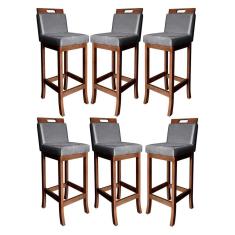 Kit 6 Banquetas Média para Cozinha Gourmet Milão Madeira Castanho Suede Cinza CCS
