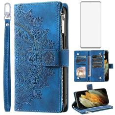 Asuwish Capa de telefone para Samsung Galaxy S21 Ultra 5G Capa carteira com protetor de tela de vidro temperado e alça de pulso Mandala flor flip zíper porta-cartões celular S21ultra 21S S 21 21ultra