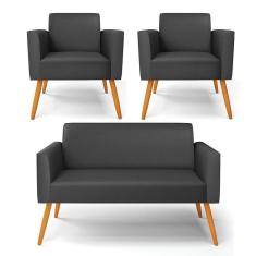 Sofá Namoradeira Com 2 Poltronas Pés Palito Castanho Marisa Corino Preto D03 - D`rossi