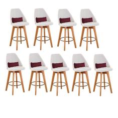 Kit 09 Banquetas Alta Maya Giratória Com Encosto Gourmet Linho Bege e Almofada Sintético Bordô - Aurora Line