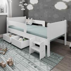 Cama Infantil com 2 Baus Organizador e Escada Luna Plus Branco com Colchão