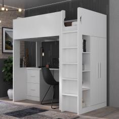 Cama com Armário 2 Portas e 4 Nichos 1 Mesa Escritório com 2 Gavetas -