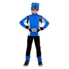 Fantasia Power Rangers Infantil Azul Longo Beast Morphers Com Máscara 
