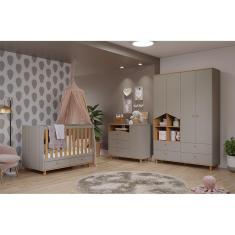 Quarto de Bebe Completo com Cômoda Guarda Roupa com Nichos e Berço 100% MDF Cinza/Marrom