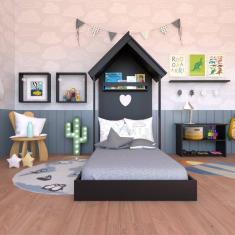 Quarto Infantil Cama Banqueta 2 Nicho e Prateleira Preto