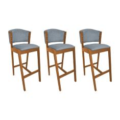Kit 3 Banquetas Alta de Madeira Maciça Cerejeira Premium Ana com Encosto Linho Cinza