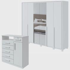 Conjunto de Guarda-Roupa 6 Portas com Espelho e Pés Imperatore com Cômoda Da Vinchi com Nicho