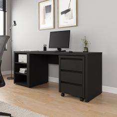 Mesa De Escritório 135cm Com Gaveteiro Com Rodízio E Prateleiras Ficus Cabecasa Madeiramadeira Preto