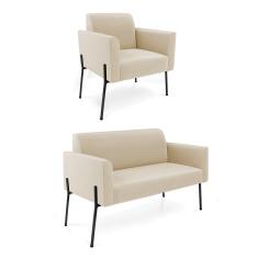 Sofá Namoradeira e Poltrona Pé de Ferro Preto Marisa Suede D03 - D'Rossi