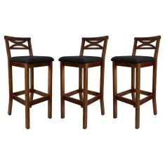 Kit 3 Banquetas Alta X Estofada 38x103Cm Ilha Encosto Madri Madeira Maciça Pinhão Suede Preto CCS