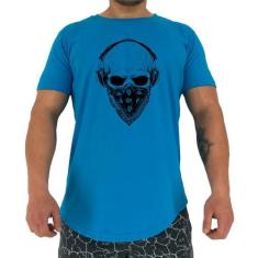 Camiseta Longline Manga Curta MXD Conceito Caveira Com Bandana, P, Azu