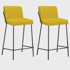 Kit 02 Banqueta Alta Com Encosto Drika Industrial Cozinha Bistrô Ferro Preto Corino Amarelo - Ahazzo Móveis