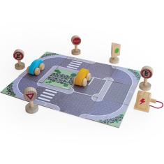 Brinquedo Estrada Com Carrinhos E Acessórios Em Madeira