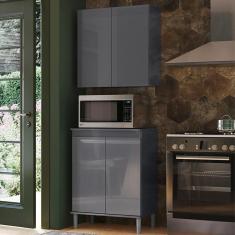 Conjunto Balcão Microondas Cozinha Armario 2 Portas Cinza Cinza
