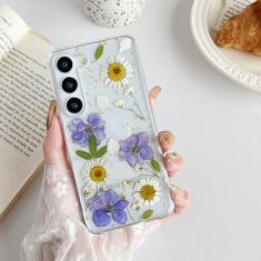 XIZYO Capa protetora à prova de choque para Samsung Galaxy S23 Plus com estampa floral transparente estética flores secas para mulheres meninas com glitter fino TPU bumper à prova de choque para S23