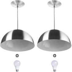 2 Lustres Pendente Meia Lua 40cm Alumínio Escovado + Lampada - Marrylu