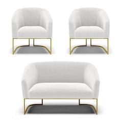 Sofá Namoradeira E 2 Poltronas Base Industrial Dourado Stella Bouclê Off White D03 - D`rossi