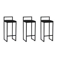 Kit 3 Banquetas Altas Industriais em Aço Dori Preto Assento Suede Pret