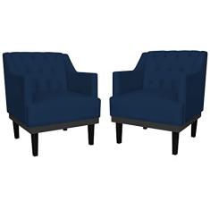 Kit 02 Poltronas Decorativas Clássica Com Base Madeira Suede Azul Marinho - DS Estofados