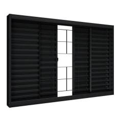 Janela de Aço Veneziana de Correr Central Sem Folha para Vidro com Grade Quadrada 4 Folhas 100x120cm Aço Pronto Riobras Preto