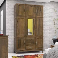 Guarda Roupa Solteiro com Espelho e Pés 8 Portas 3 Gavetas Paris Castanho