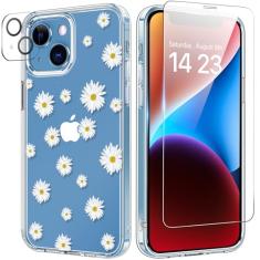 bicol Capa para iPhone 13 com protetor de tela e protetor de lente de câmera - Design floral de flores elegantes para mulheres e meninas - Capa de telefone transparente de acrílico à prova de choque
