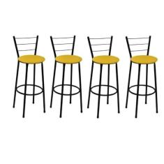 Kit 4 Banquetas Médias Preta com Encosto Assento Amarelo - Fortmix