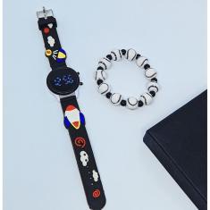 Kit Relógio Infantil Digital Led Branco Redondo Pulseira Silicone Desenho Animado 3D + Pulseira Miçangas Esportes Menino