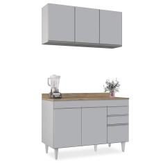 Armário De Cozinha Aéreo Virgínia E Balcão Com Tampo 120cm Michigan Cinza Claro/castanho - Lumil