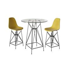 Jogo Mesa Bistrô Eames Vidro 60Cm 2 Banquetas Amarela Base Ferro Preto