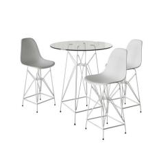 Jogo Mesa Bistrô Eames Vidro 60Cm 3 Banquetas Branca Base Ferro Branco