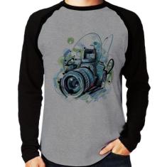 Camiseta Raglan Câmera Fotográfica Manga Longa - Foca na Moda, Cinza, 