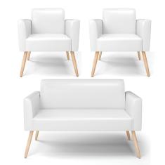 Sofá Namoradeira com 2 Poltronas Pés Palito Natural Marisa Corano Branco D03 - D'Rossi