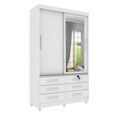 Guarda-Roupa Solteiro com Espelho Chicago com Pés 2 Portas 6 Gavetas Neve