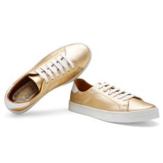 Tênis Casual Feminino Couro Metalizado Cadarço Conforto 